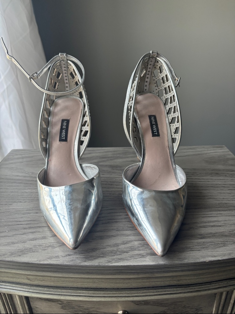Nine West Metallic Silver Pointed-Toe D'Orsay Ankle-Strap Heels